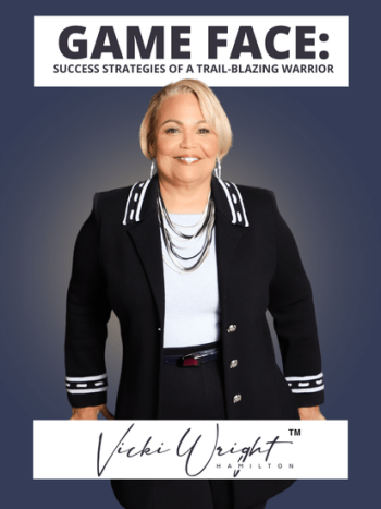 Vicki Wright Hamilton seated confidently in a black outfit, showcasing her leadership in business and technology with the text: 'Vicki Wright Hamilton – Vicki's Game-Changing Leadership in Business and Tech.'