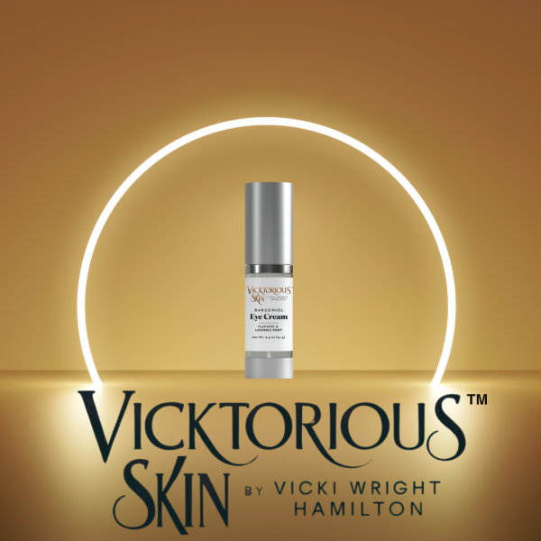 Vibrant Bakuchiol Eye Cream by Vicktorious Skin in a sleek silver bottle, designed to reduce fine lines and brighten the under-eye area.