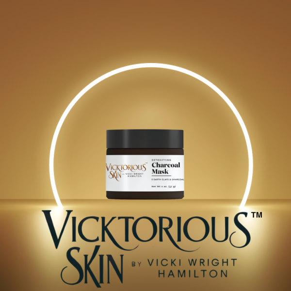 Vicktory Detoxifying Charcoal Mask by Vicktorious Skin in a sleek black jar, designed to detoxify skin and unclog pores using activated charcoal and earth clays