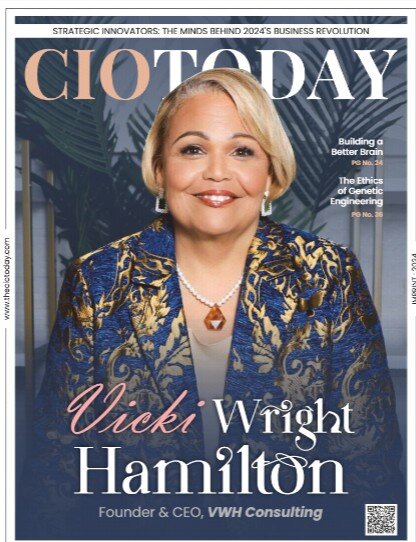 Vicki Wright Hamilton featured on the cover of CIO Today Magazine, titled 'Strategic Innovators: The Minds Behind 2024's Business Revolution.' She is wearing a blue and gold blazer with a confident smile.