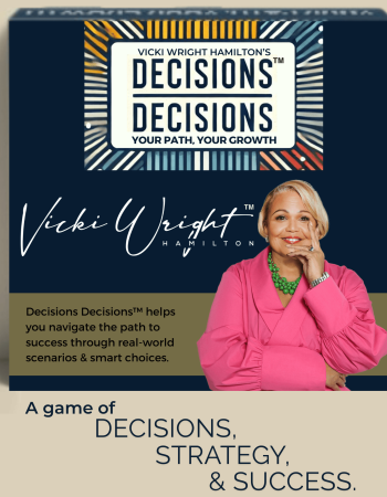 Box cover of the board game'Decisions Decisions' by Vicki Wright Hamilton, featuring her portrait and the tagline'Your Path, Your Growth.'