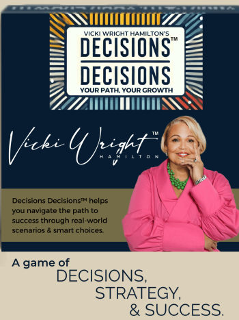 Box cover of the board game 'Decisions Decisions' by Vicki Wright Hamilton, featuring her portrait and the tagline 'Your Path, Your Growth.'