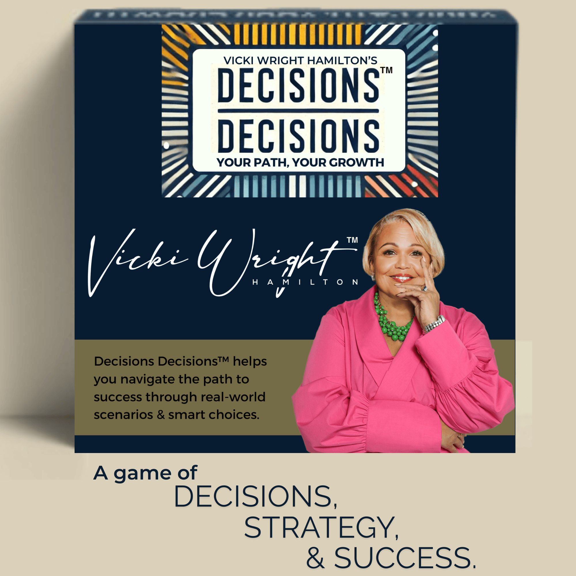 Box cover of the board game 'Decisions Decisions' by Vicki Wright Hamilton, featuring her portrait and the tagline 'Your Path, Your Growth.'