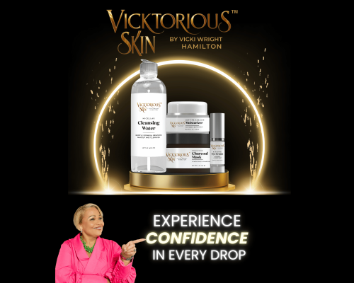 Vicktorious Skin by Vicki Wright Hamilton skincare collection featuring Vivacious Micellar Cleansing Water, Vitalizing Daytime Ageless Moisturizer, Vicktory Detoxifying Charcoal Mask, and Vibrant Bakuchiol Eye Cream. Vicki Wright Hamilton is shown in a pink outfit pointing to the slogan'Experience Confidence in Every Drop' on a black and gold background.