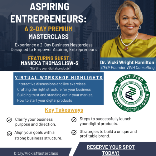 A promotional flyer for the "Aspiring Entrepreneurs: A 2-Day Premium Masterclass" featuring Dr. Vicki Wright Hamilton and guest speaker Manicka Thomas. The flyer highlights virtual workshop details, key takeaways, and a call to action for registration.