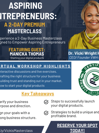 A promotional flyer for the "Aspiring Entrepreneurs: A 2-Day Premium Masterclass" featuring Dr. Vicki Wright Hamilton and guest speaker Manicka Thomas. The flyer highlights virtual workshop details, key takeaways, and a call to action for registration.