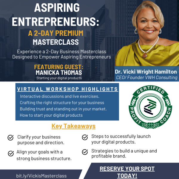 A promotional flyer for the "Aspiring Entrepreneurs: A 2-Day Premium Masterclass" featuring Dr. Vicki Wright Hamilton and guest speaker Manicka Thomas. The flyer highlights virtual workshop details, key takeaways, and a call to action for registration.