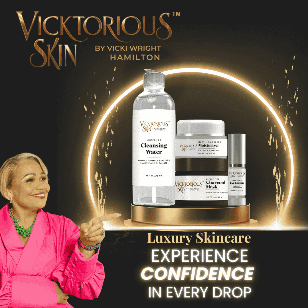 Promotional photo for Vicktorious Skin by Vicki Wright Hamilton, showcasing the complete skincare collection: Vivacious Micellar Cleansing Water, Vitalizing Daytime Ageless Moisturizer, Vicktory Detoxifying Charcoal Mask, and Vibrant Bakuchiol Eye Cream.