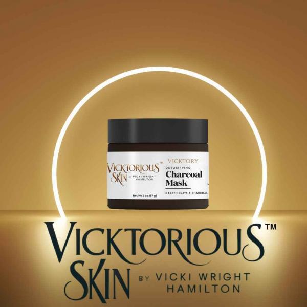 Vicktory Detoxifying Charcoal Mask by Vicktorious Skin in a sleek black jar, designed to detoxify skin and unclog pores using activated charcoal and earth clays.