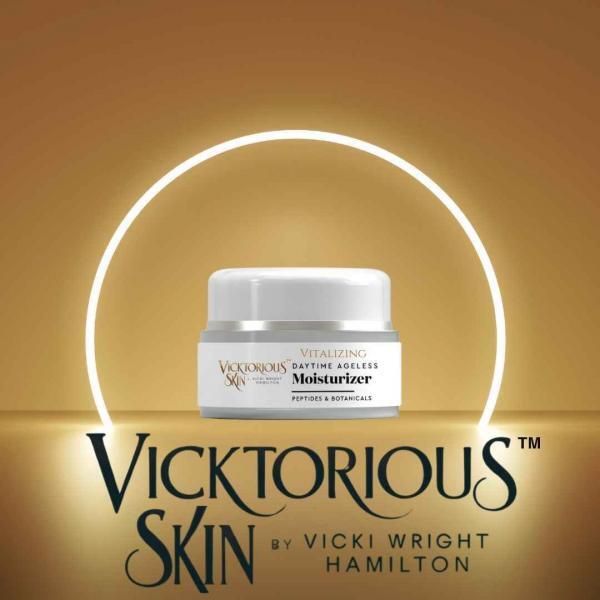 Vitalizing Daytime Ageless Moisturizer by Vicktorious Skin in a luxurious jar, enriched with peptides and botanicals for deep hydration and anti-aging care.