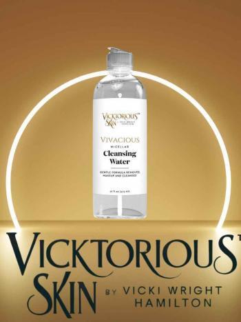 Vivacious Micellar Cleansing Water by Vicktorious Skin in a clear 16 fl oz bottle with a silver cap, displayed against a glowing gold background with the Vicktorious Skin logo.