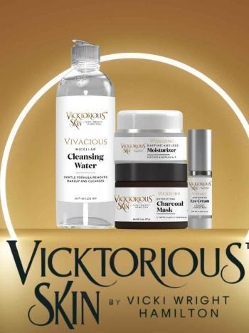 Vicktorious Skin by Vicki Wright Hamilton skincare collection featuring Vivacious Micellar Cleansing Water, Vitalizing Daytime Ageless Moisturizer, Vicktory Detoxifying Charcoal Mask, and Vibrant Bakuchiol Eye Cream on a gold background.