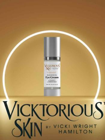 Vibrant Bakuchiol Eye Cream by Vicktorious Skin in a sleek silver bottle, designed to reduce fine lines and brighten the under-eye area.