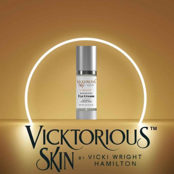 Vibrant Bakuchiol Eye Cream by Vicktorious Skin in a sleek silver bottle, designed to reduce fine lines and brighten the under-eye area.