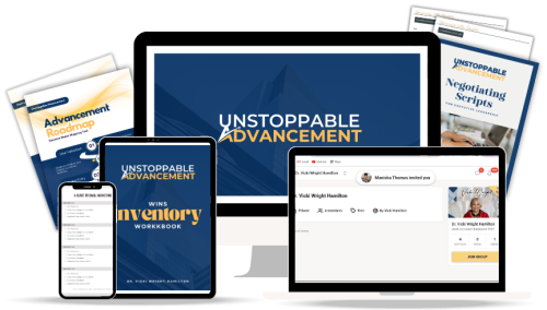 A digital mockup display for Dr. Vicki Wright Hamilton’s Unstoppable Advancement webinar program, showing workbooks, guides, scripts, and an online learning platform across desktop, laptop, tablet, and phone screens.